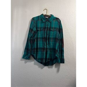 Kavu Flannel Shirt Top Womens Sz L Green Plaid Button Corduroy Elbow Patches